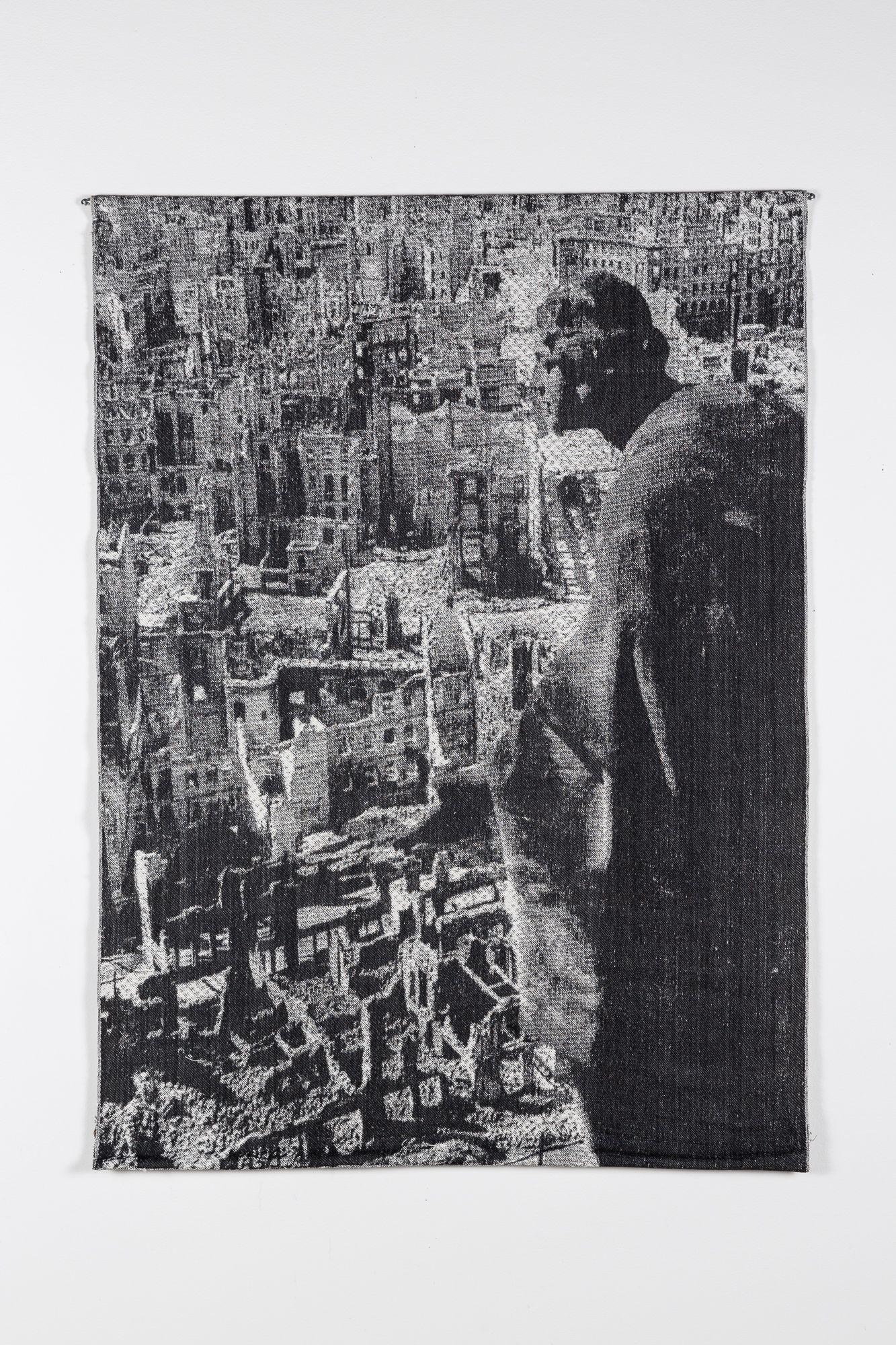 Digitally-woven tapestry depicting a view of the bombing of Dresden