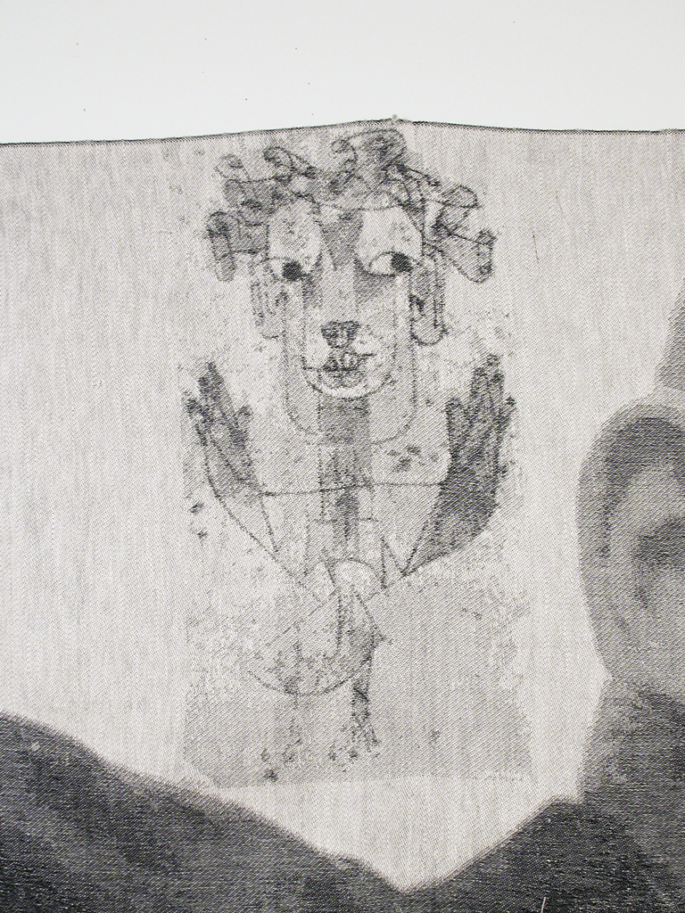 A detail of Walter, a digitally woven tapestry, depicting his drawing of the Angel of History in the top left corner.